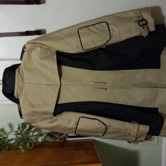Sam Edelman, Dbl-breasted Khaki/Tweed, Faux Leather Designer Trench, S/M - Picture 4 of 6